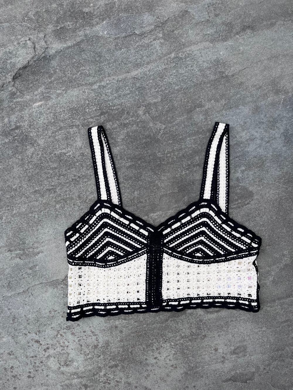 Jason Wu Crochet Bralette Crop Top Black White Chevron Open Knit Tank Size 6 S